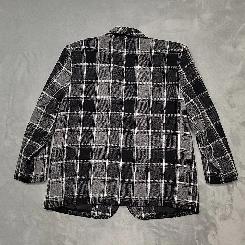 VTG Coldwater Creek Jacket Women Medium Petite Black Plaid Blazer Wool Blend USA